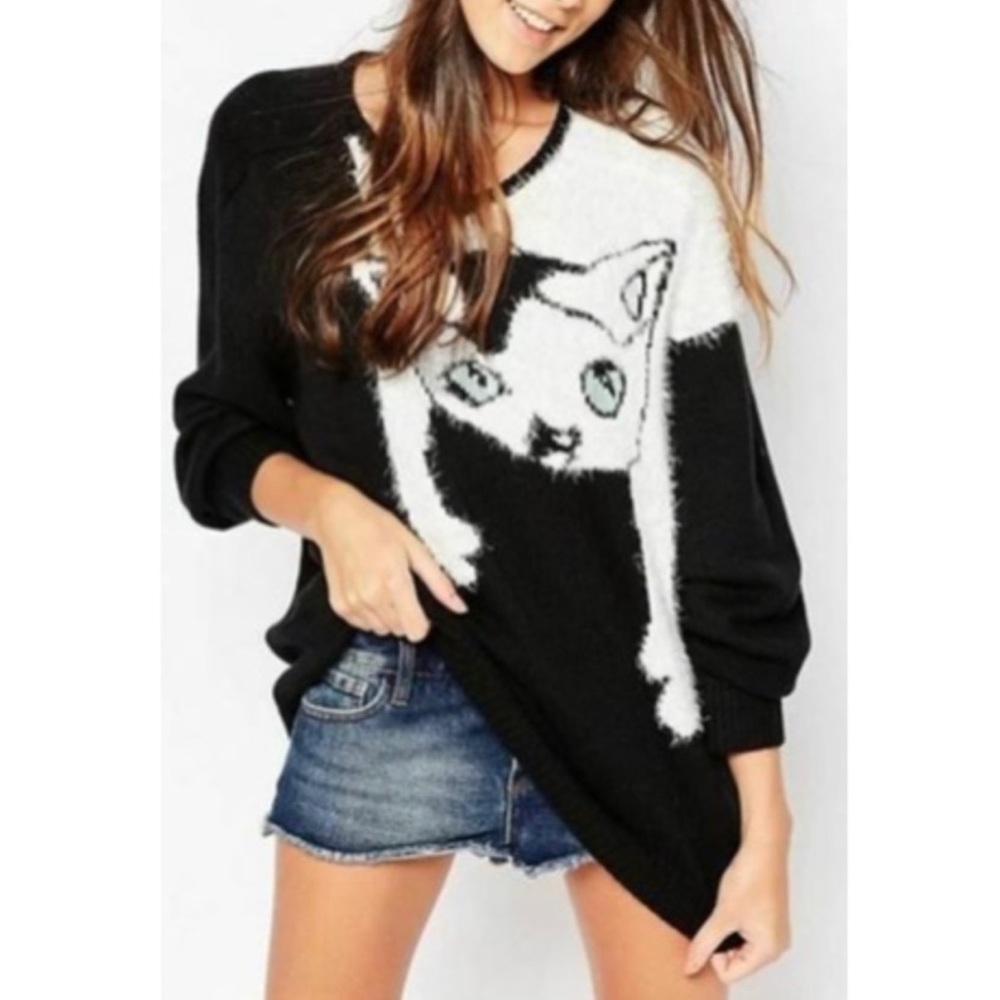 Wildfox White Label Oversized Cat Sweater Hang in There